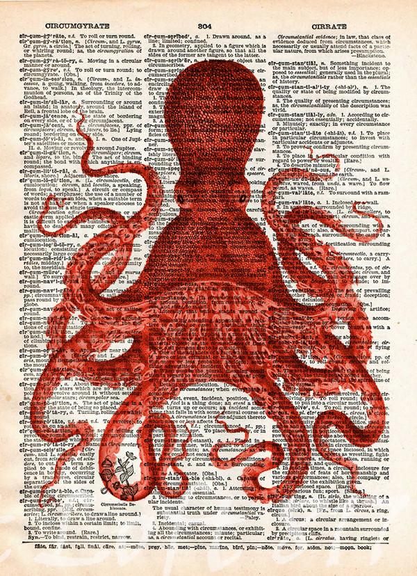 600x828 octopus wall art, vintage octopus drawing, dictionary print, book - Octopus Drawing Pictures