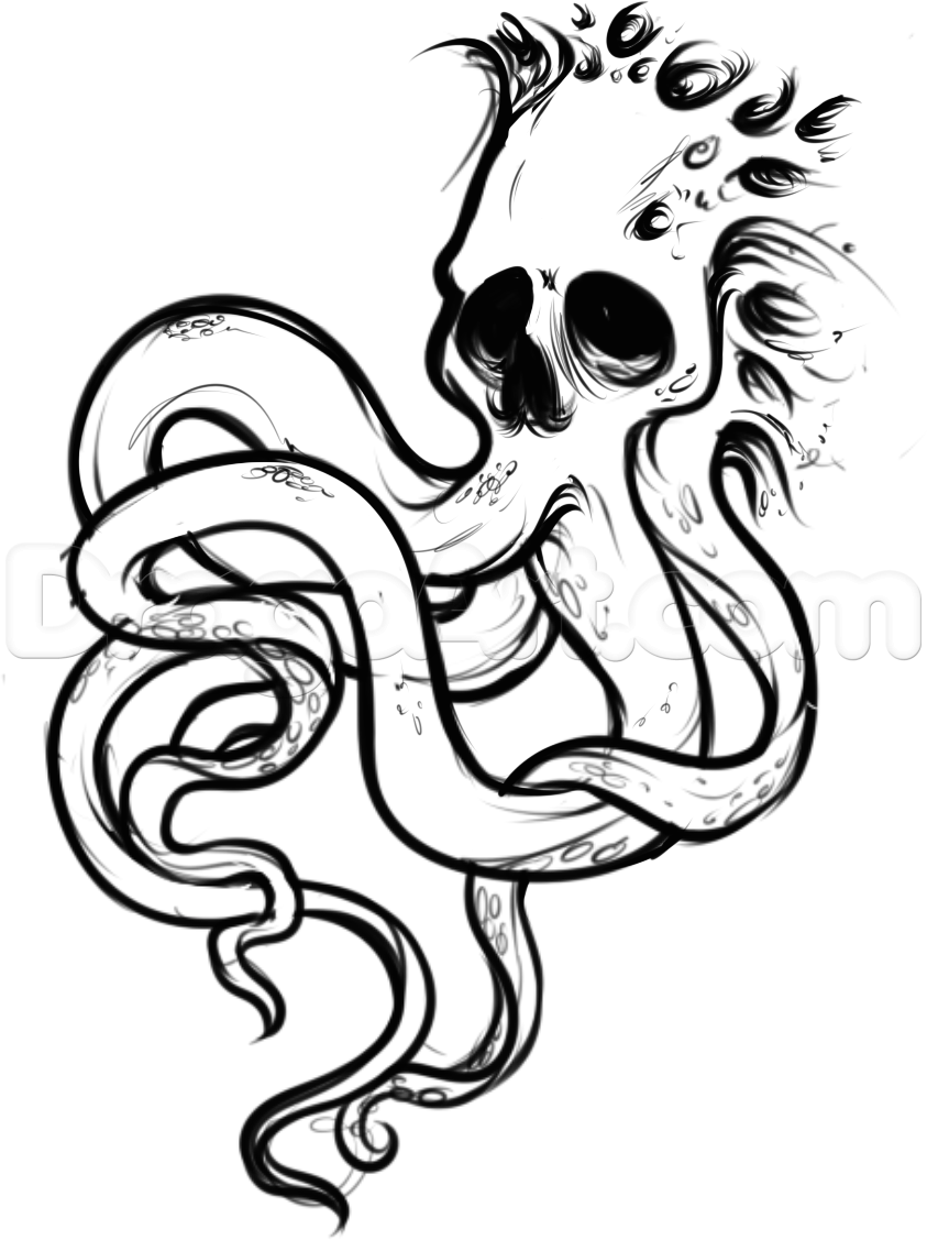 843x1127 How To Draw An Octopus Skull Tattoo, Step - Octopus Drawing Step By Step