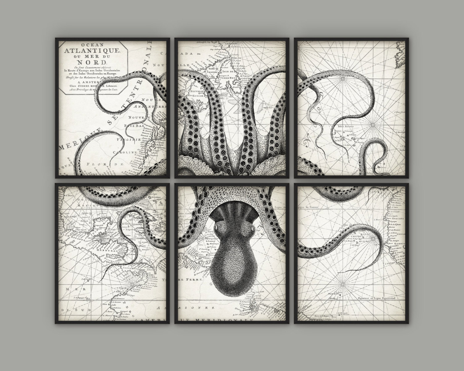 1500x1200 octopus wall art poster set of octopus ink drawing art etsy - Octopus Ink Drawing