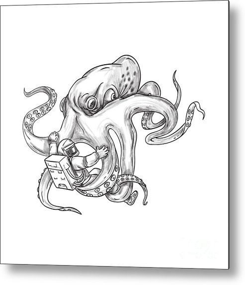 493x572 Giant Octopus Fighting Astronaut Tattoo Metal Print - Octopus Line Drawing