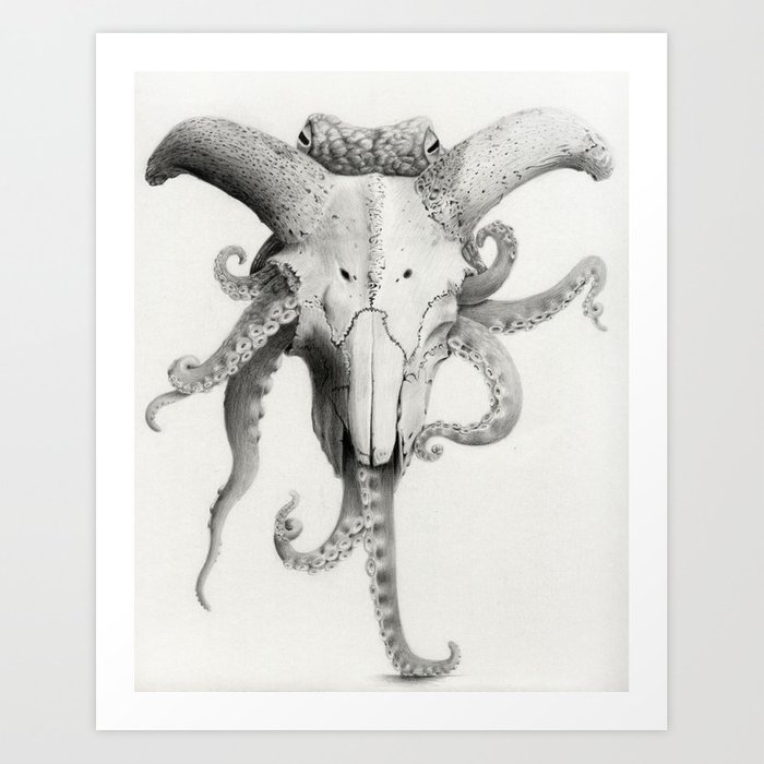 700x700 Pencil Drawing Of Skull And Octopus Art Print - Octopus Pencil Drawing