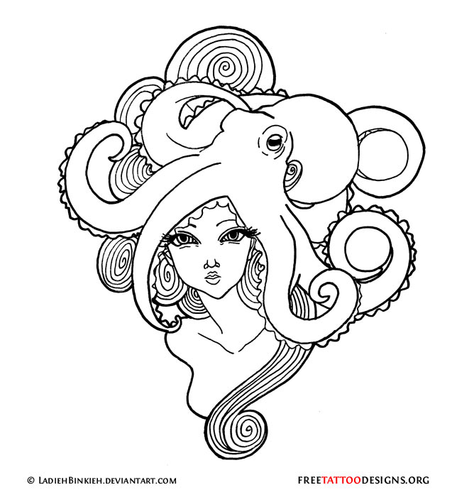 637x700 Girl With Octopus On Head Tattoo Design - Octopus Tattoo Drawing