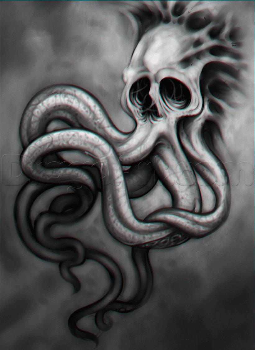 821x1128 How To Draw An Octopus Skull Tattoo, Step - Octopus Tattoo Drawing