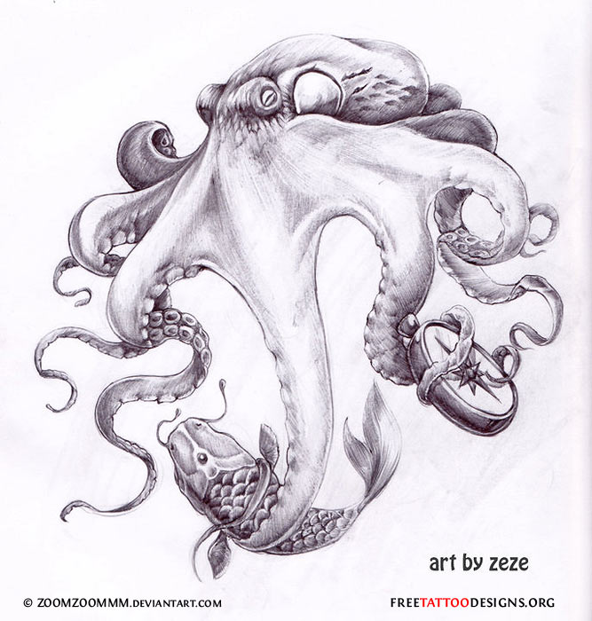 667x700 Octopus With Fish And Compass Tattoo Design - Octopus Tattoo Drawing