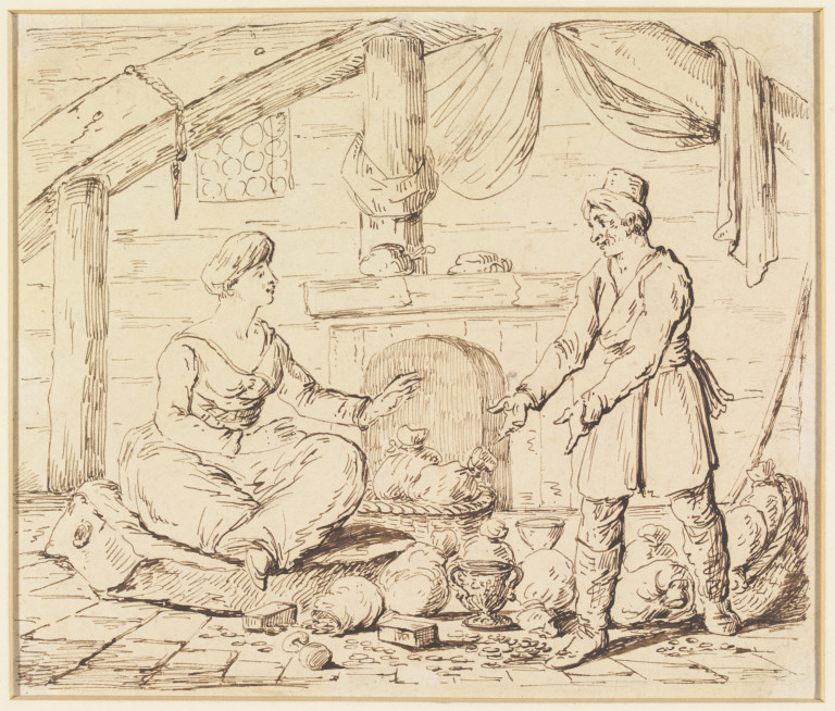 768x654 two figures in eastern dress, the man appearing to offer treasures - Offer Drawing