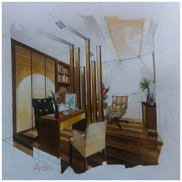 612x612 Working Room Perspective Home Office Project, Tropical Modern - Office Perspective Drawing