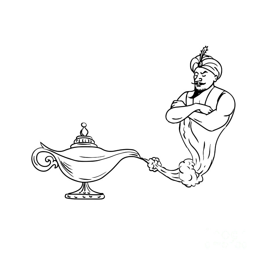 900x900 genie coming out of oil lamp black and white drawing digital art - Oil Lamp Drawing