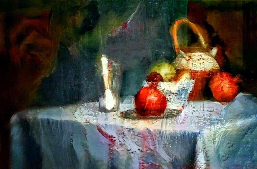 900x592 still life oil painting table with pomegranate ceramic kettle - Oil Painting Drawing