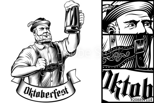 500x334 vector man holding glass of beer in traditional bavarian clothes - Oktoberfest Drawing