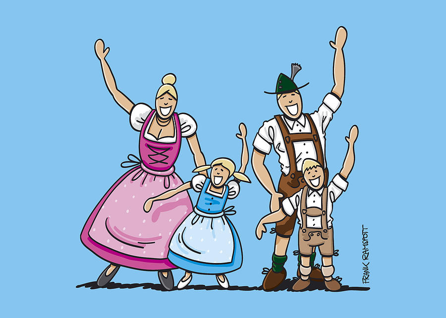 900x642 dirndl and lederhosen family waving hands drawing - Oktoberfest Drawing