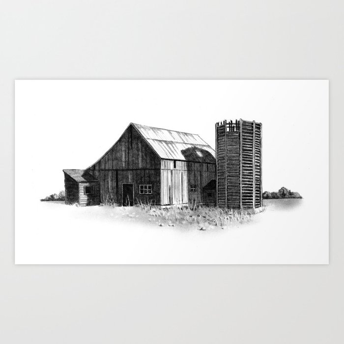 700x700 old barn and silo original pencil drawing, country, farm art - Old Barn Drawings