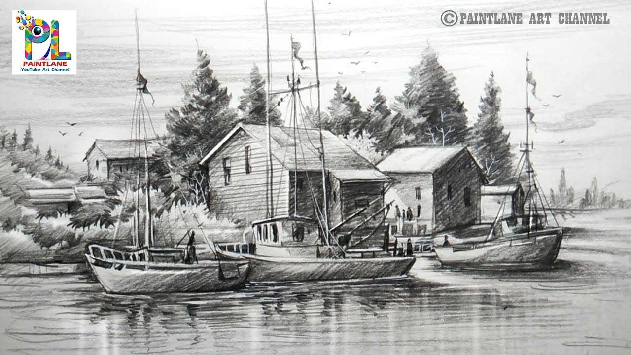 1280x720 How To Draw Old Sailboat Yard Landscape With Pencil For Beginners - Old Boat Drawing