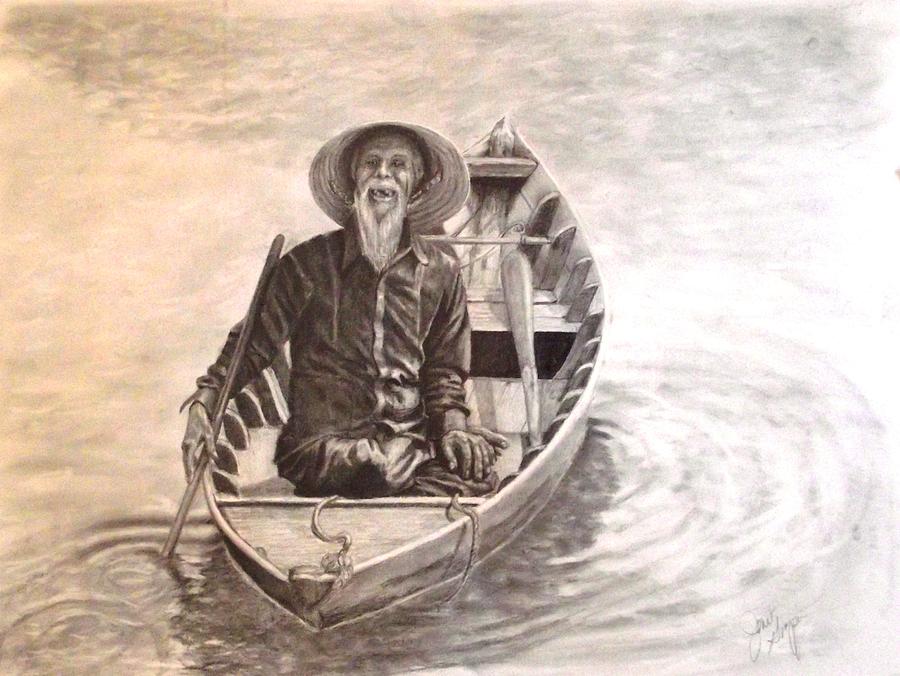 900x676 Old Man In A Boat Hoi An Vietnam Drawing - Old Boat Drawing
