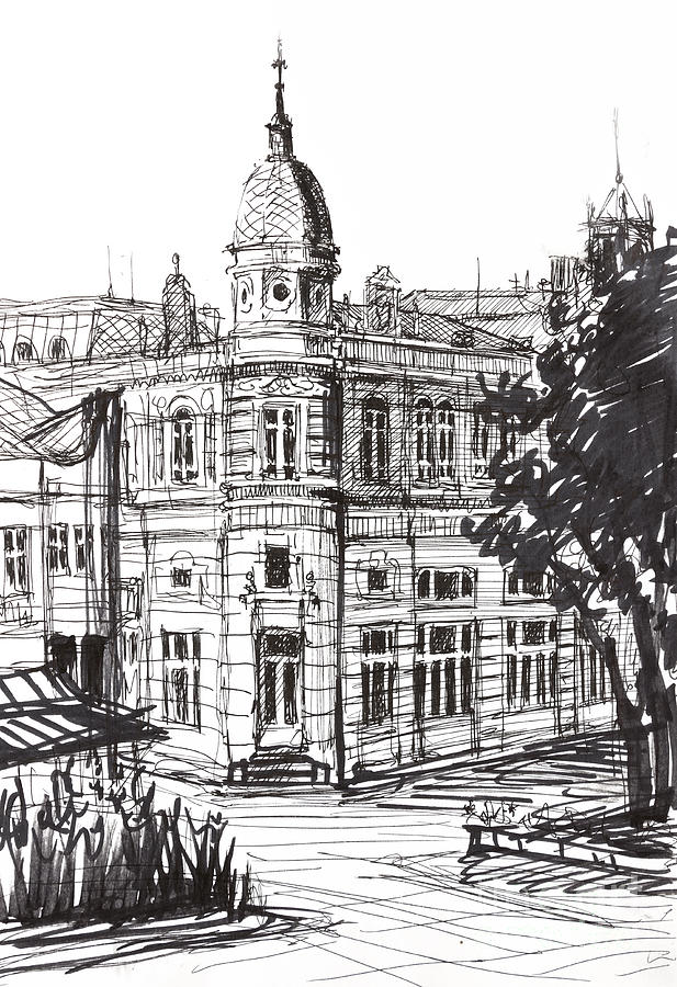 617x900 Ink Graphics Of An Old Building In Bulgaria Drawing - Old Building Drawing