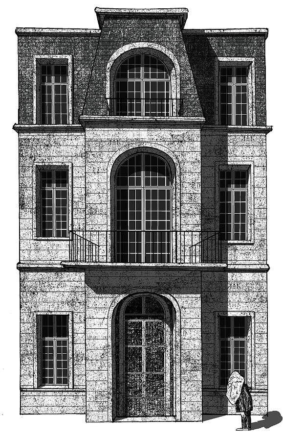 579x900 Old Man Smiling In Front Of A Building Drawing - Old Building Drawing