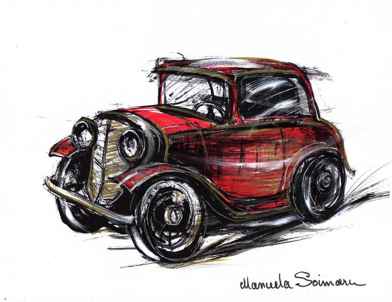 794x612 classic car illustration drawing original art print car etsy - Old Car Drawing