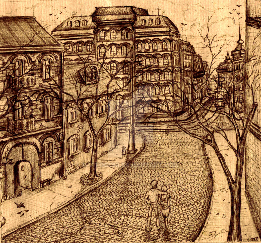 900x838 lovers in old city graphic art - Old City Drawing