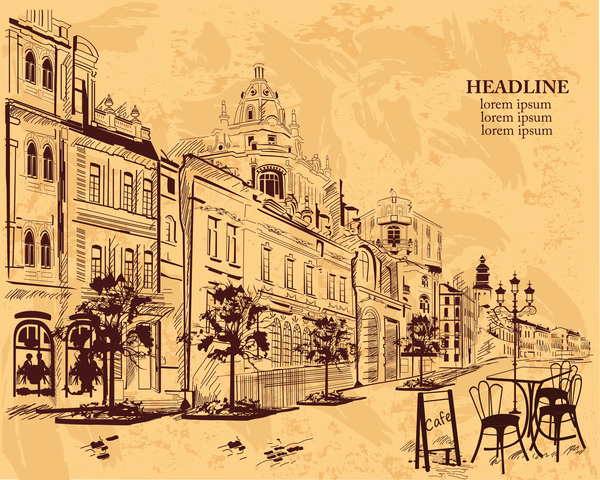 600x480 Old City Street Cafe Hand Drawing Vector Free Download - Old City Drawing