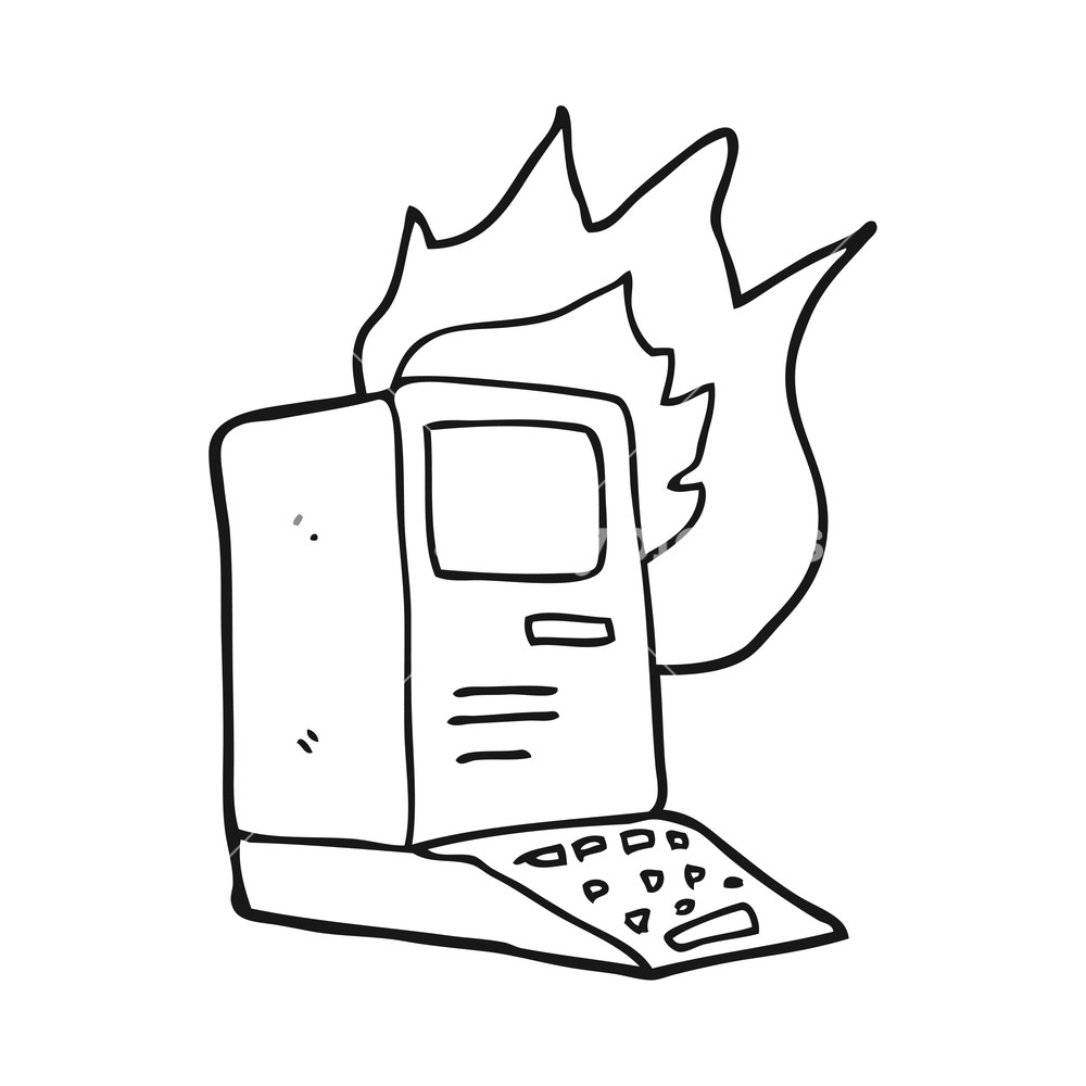 1000x1000 freehand drawn black and white cartoon old computer on fire - Old Computer Drawing