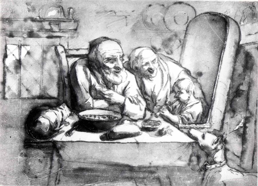900x648 Old Couple With A Child Playing A Pipe Drawing - Old Couple Drawing