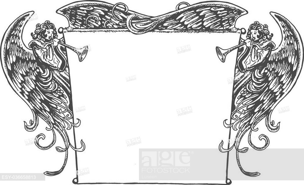 1050x638 old fashioned drawing of angels holding up a banner while blowing - Old Fashion Drawing