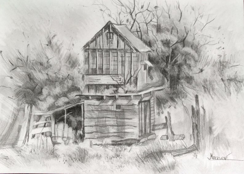 794x567 Old House Drawing Pencil On Paper Etsy - Old House Drawing