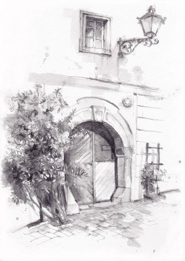 770x1085 The Gate Of Old House Drawing - Old House Drawing