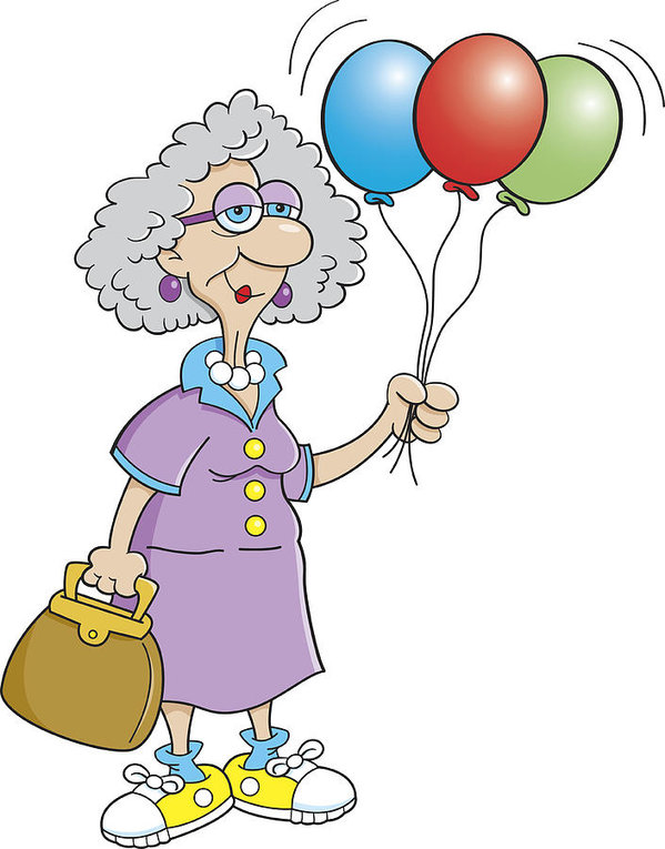 599x765 cartoon old lady holding balloons art print - Old Lady Cartoon Drawing