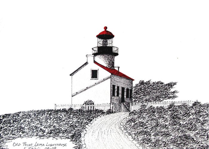 700x500 Old Point Loma Lighthouse Drawing Greeting Card For Sale - Old Lighthouse Drawing