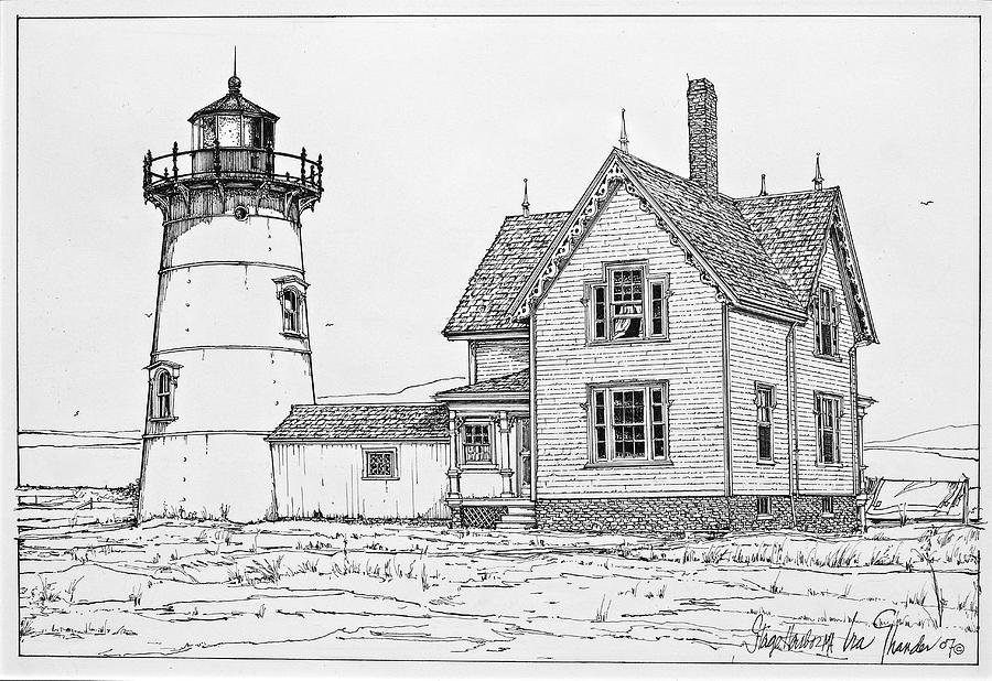 900x618 old stage harbor lighthouse cape cod drawing - Old Lighthouse Drawing
