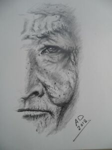 225x300 Original Pencil Drawing Of Old Man Face On X Paper, Signed - Old Man Face Drawing