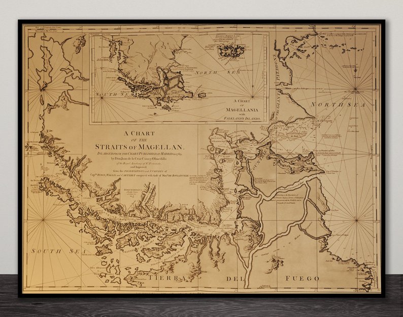 794x624 a chart of the straits of magellan old map card etsy - Old Map Drawing