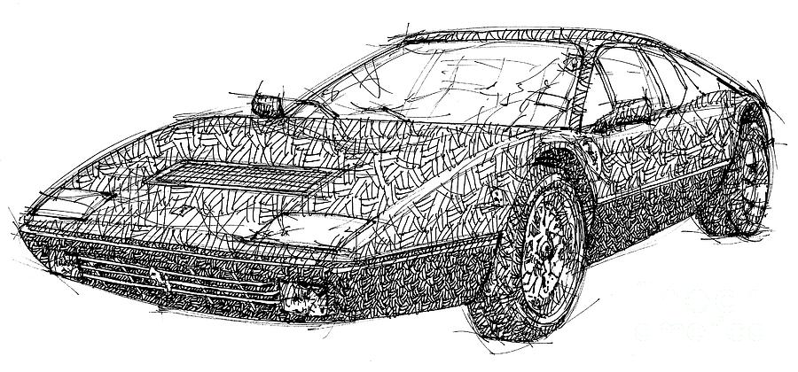 900x420 ferrari handmade drawing, black ink on paper, old ferarri - Old Paper Drawing