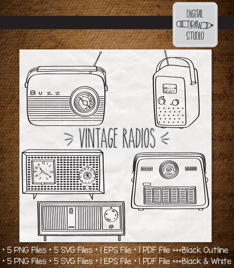794x907 vintage radios clip art bundle hand drawn old radio vector etsy - Old Radio Drawing