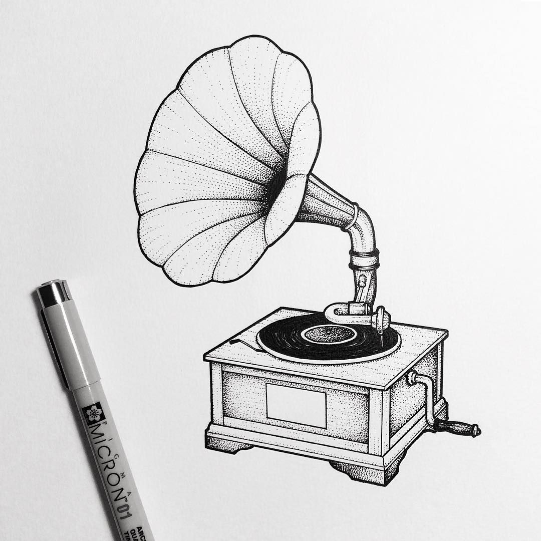 1080x1080 art tutorials in music drawings, record - Old Record Player Drawing