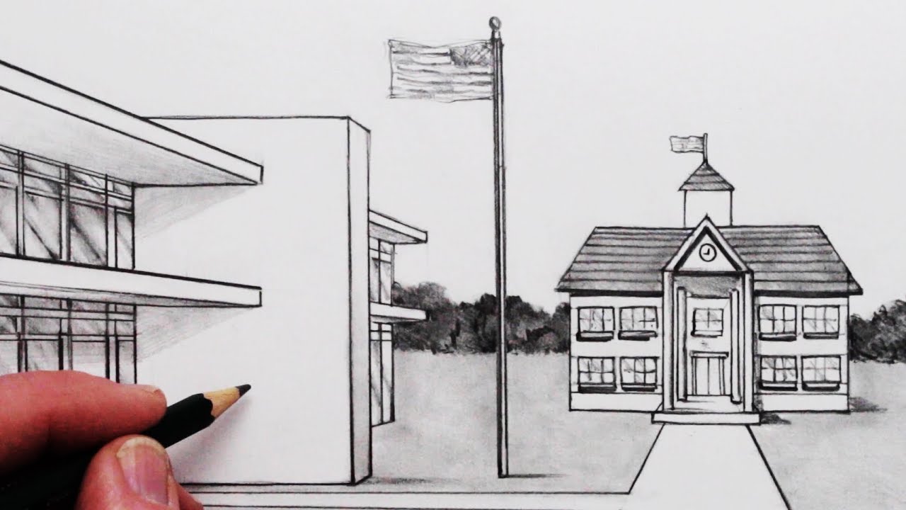 1280x720 how to draw a school in perspective narrated step - Old School House Drawing