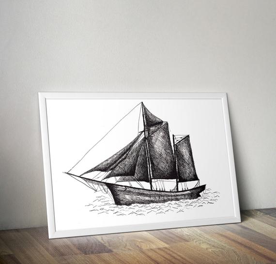 570x545 old sailing ship drawing digital print of ship art instant etsy - Old Ship Drawing