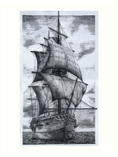 413x549 Old Ship Drawing Art Prints - Old Ship Drawing