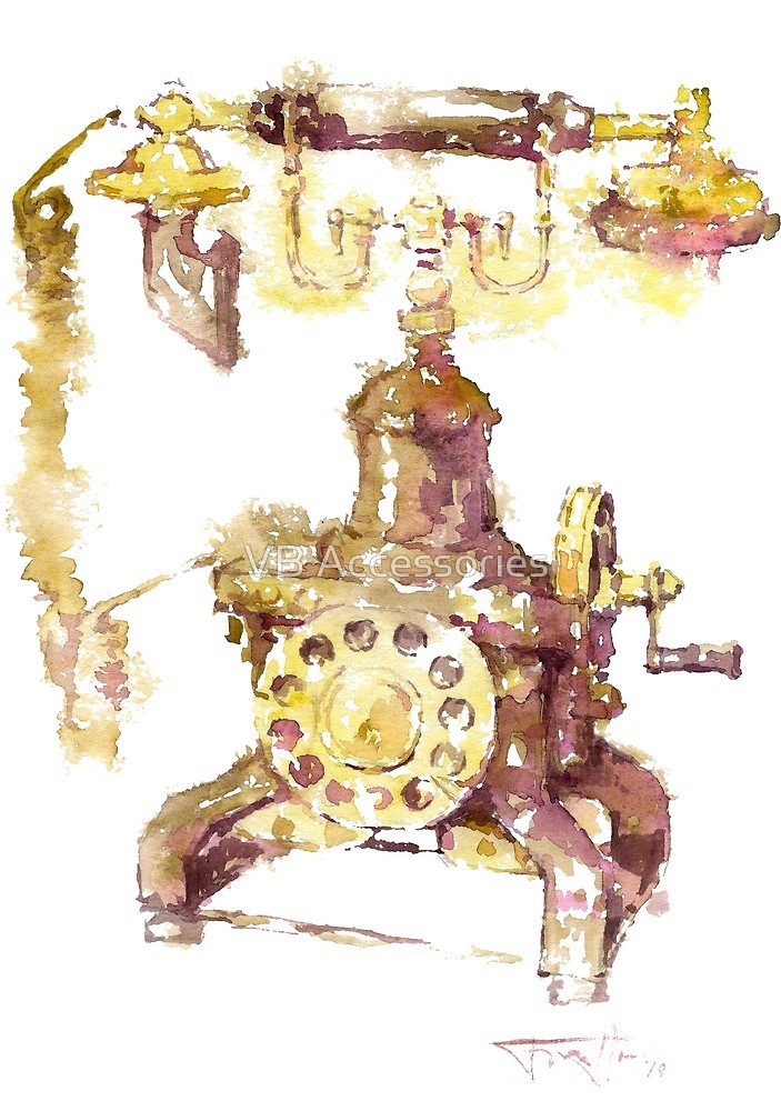 703x1000 watercolor drawing of an old telephone with a round dialer - Old Telephone Drawing