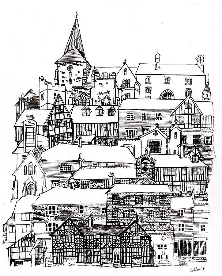 725x900 old england drawing - Old Village Drawing