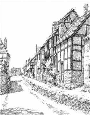 313x400 pembridge, village, herefordshire, pen drawing - Old Village Drawing