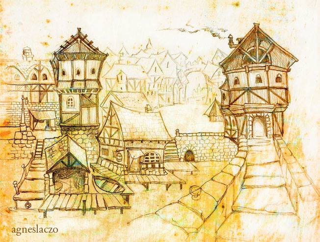 652x492 Color Pencil Drawing - Old Village Drawing