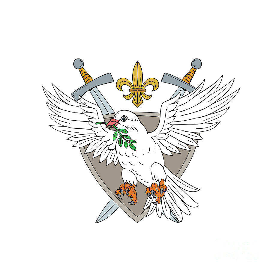 900x900 dove olive leaf sword fleur de lis crest drawing digital art - Olive Drawing