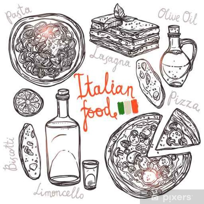 700x700 pizza, pasta, lasagna, olive oil in sketch style italian hand - Olive Oil Drawing