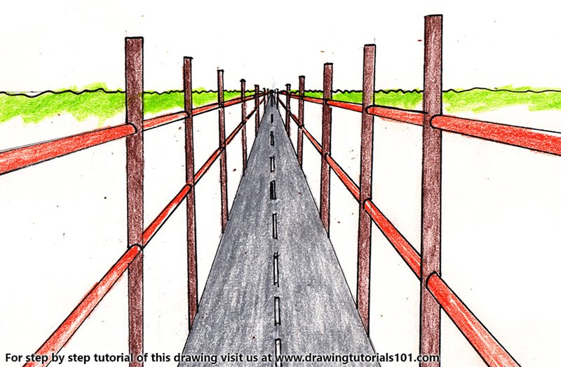 800x524 one point perspective bridge colored pencils - One Point Perspective Bridge Drawing
