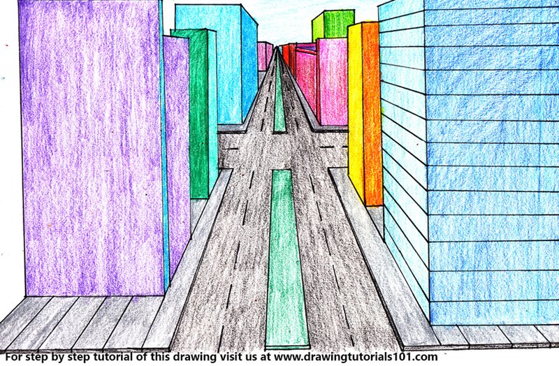 800x524 One Point Perspective City Colored Pencils - One Point Perspective City Drawing