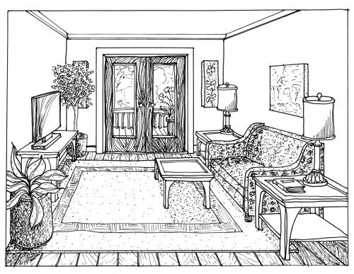 500x387 One Point Perspective Drawing Of A Living Room Rendered - One Point Perspective Drawing Room