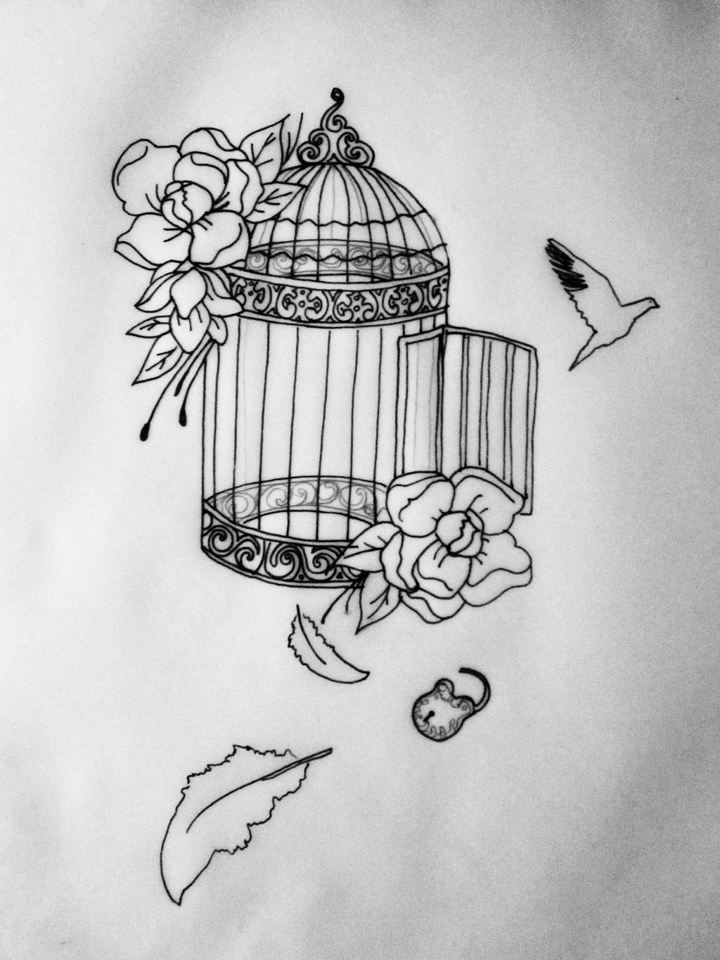 1024x1365 open birdcage tattoo sketch - Open Birdcage Drawing