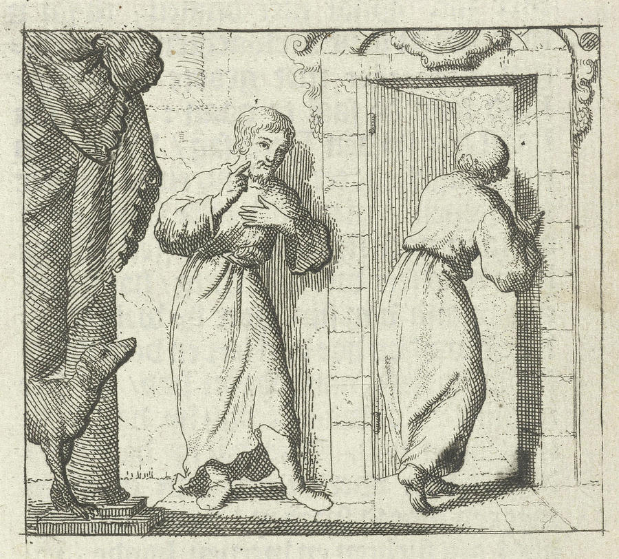 900x812 two men at the open door of a room, print maker jan luyken drawing - Open Door Drawing