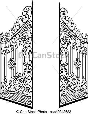 365x470 Isolated Decorated Steel Open Gates Illustration Black And White - Open Gate Drawing
